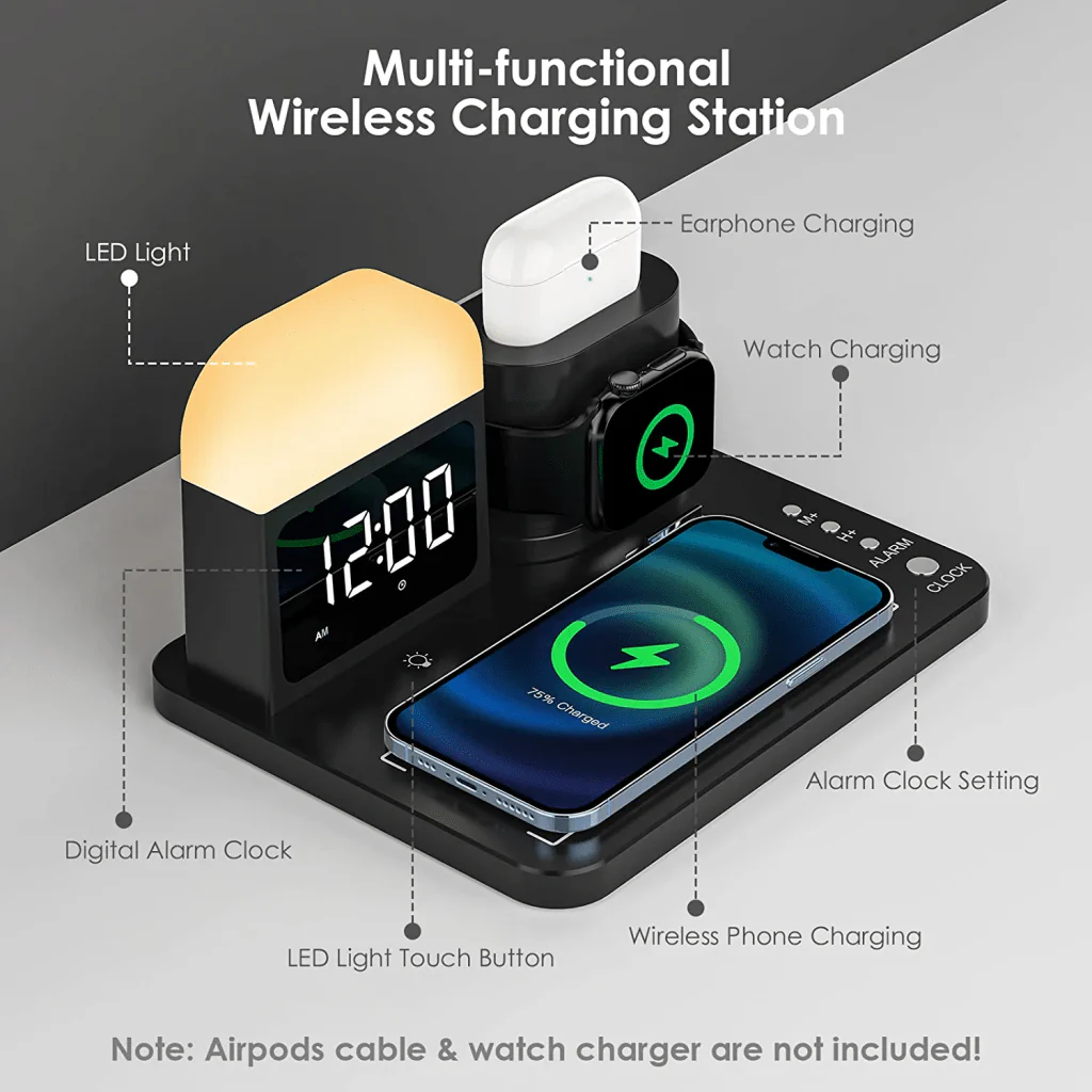 5-in-1 Wireless Charging Station with Night Light &amp; Alarm